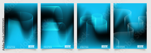 Set of modern abstract posters featuring glowing blue gradient cylinders and vertical line patterns. Futuristic geometric composition with smooth light effects, ideal for tech branding, banners
