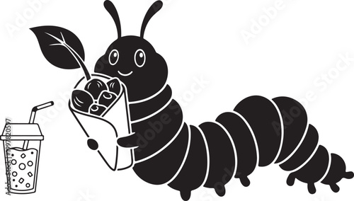 Caterpillar enjoying a refreshing drink with a straw in a cartoon scene Vector, illustration
