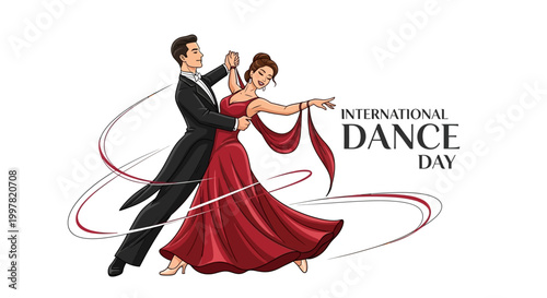 An elegant vector illustration celebrates International Dance Day, depicting a graceful couple in formal attire performing a ballroom dance with flowing red fabric against a clean white
