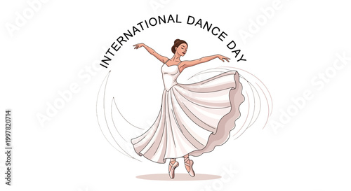 A graceful ballet dancer in a flowing white dress is depicted with artistic dance movements, celebrating International Dance Day with an expressive illustration against a clean white