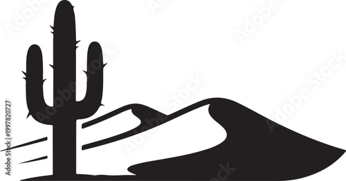 Silhouette of a cactus and sand dunes in a desert landscape Vector, illustration