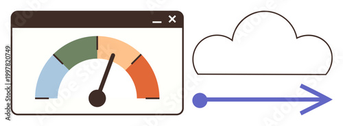 Data management, cloud computing, speed analysis, workload optimization, digital transformation, system performance. Speedometer gauge measuring performance and cloud arrow. Data management and cloud