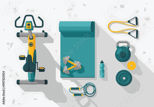 A fitness setup with exercise bike, yoga mat, dumbbells, kettlebell