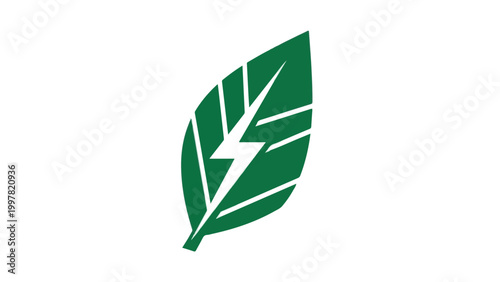 Green leaf with a white lightning bolt symbolizing renewable energy Vector, illustration