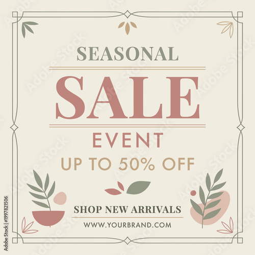 Seasonal sale event advertisement with discounts and new arrivals online now