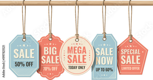 Discount tags hang from a metal rod with sale signs.