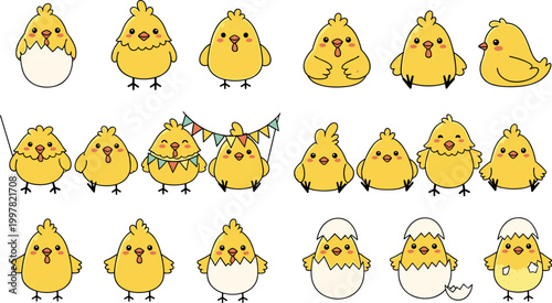 Cute chick cartoon character collection with hatching eggs different poses and expressions baby chicken vector illustration set
