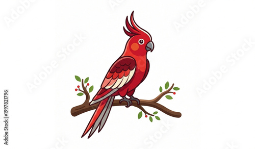 Red Cockatoo Parrot Perched on Tree Branch Vector Illustration