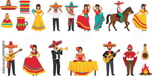 Mexican Culture Collection with Traditional Costumes, Mariachi Musicians, Sombrero, Folk Dance, and Festive Elements for Celebration and Cultural Illustration