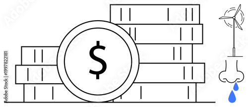 Renewable energy, sustainable finance, green economy, climate solutions, resource management, environmental conservation. Stacked coins and a wind turbine with water drop illustrate the concept