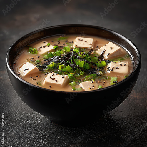 Savory miso soup with tofu cubes green onions nori and sesame seeds in black bowl