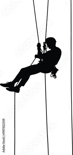 Rappelling silhouette of a climber descending on ropes isolated on white