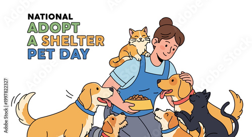 A smiling volunteer holding a bowl of food is surrounded by cats and dogs in an illustration promoting Adopt a Shelter Pet Day, with a clean background and a vector style emphasizing animal
