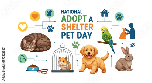 Stylized vector illustration promoting National Adopt a Shelter Pet Day, showing a diverse array of adorable animals like a cat, hamster, dog, rabbit, and bird with interconnected icons