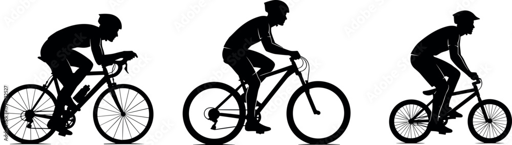 Naklejka premium Cyclist silhouette vector set with road bike riders, cycling sport action poses, outdoor fitness activity icons, and black minimal illustration collection
