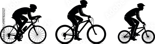 Cyclist silhouette vector set with road bike riders, cycling sport action poses, outdoor fitness activity icons, and black minimal illustration collection