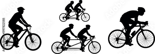 Cyclist silhouette vector collection with tandem bicycle riders, road cycling poses, sport activity icons, and outdoor fitness illustration set