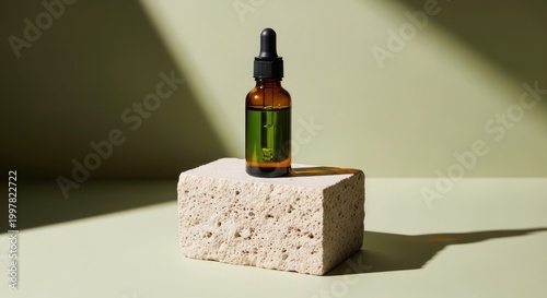 Amber glass dropper bottle on stone block minimalist product shot