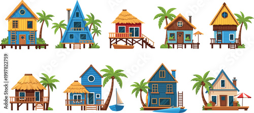 Tableau sur toile Colorful beach house vector set with tropical cottages, wooden stilt homes, palm