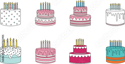 Birthday Cake Collection with Candles, Layered Desserts, and Celebration Cakes for Party, Anniversary, and Sweet Food Illustration
