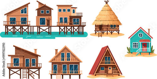 Beach house vector set with wooden stilt homes, tropical huts, modern cottages, seaside cabins, and colorful residential architecture illustration