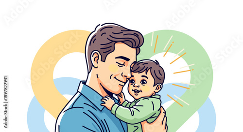 Bild auf Leinwand A loving father tenderly holds his smiling baby, embracing them with warmth and affection against a backdrop of abstract heart shapes