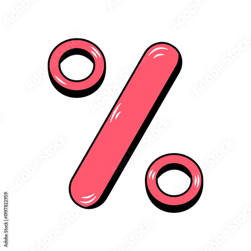 Glossy percent symbol illustration in bold pink with black outline, modern minimal style, discount and sale concept, isolated on light background for marketing and promotion design.
