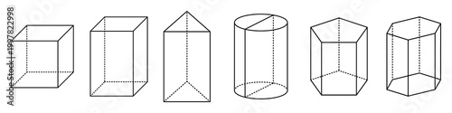 Set of 3D geometric shapes in outline style including cube, prism, cylinder, and pyramid. Clean vector illustration for math, education, geometry, and technical design concepts.