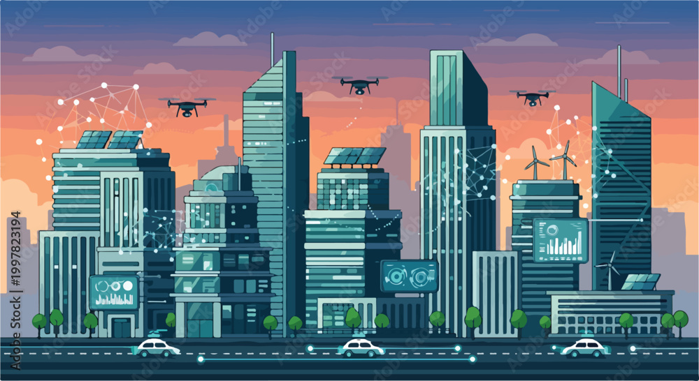 Fototapeta premium A futuristic cityscape with sleek skyscrapers and drones