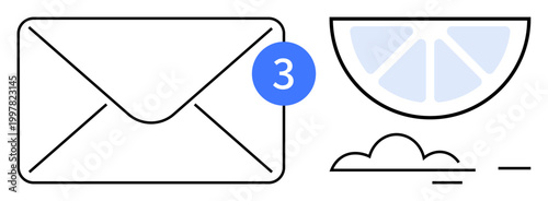 Communication, notifications, app design, refreshment, minimalism, graphic design. Envelope with a notification badge, lemon slice and abstract design. Communication and notifications concept