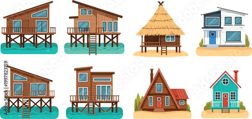 House vector collection with beach stilt homes, wooden cabins, modern buildings, tropical huts, and residential architecture illustration set