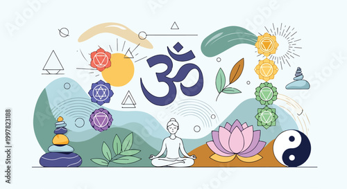 Fotografia A person meditates surrounded by spiritual symbols
