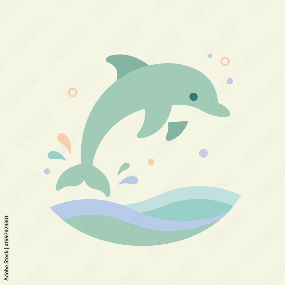 Fototapeta premium A cheerful cartoon dolphin with a friendly face is captured mid-air, leaping gracefully above gentle waves with splashes around it, against a soft, light background.
