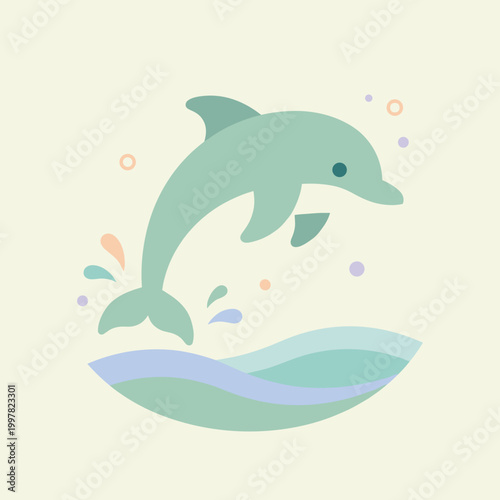 A cheerful cartoon dolphin with a friendly face is captured mid-air, leaping gracefully above gentle waves with splashes around it, against a soft, light background.