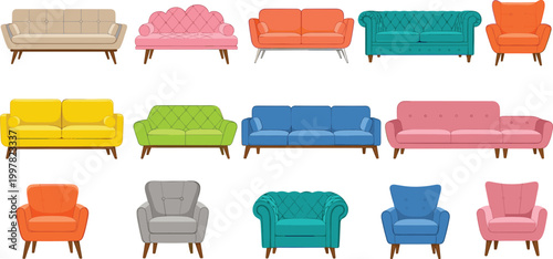 Colorful Sofa and Armchair Collection with Modern Living Room Furniture, Comfortable Seating Designs for Interior Decor and Home Illustration