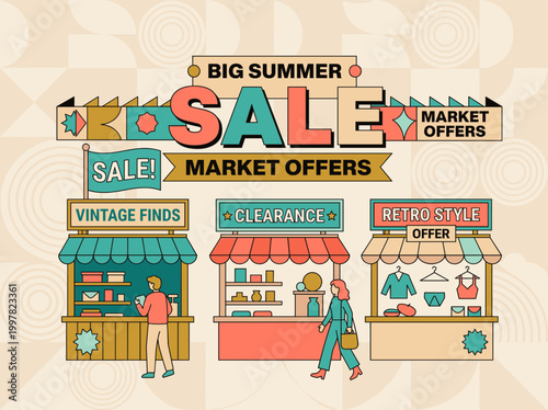 A vibrant summer market sale event with people shopping at various colorful stalls.