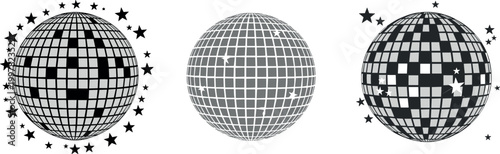 Mirror disco ball vector set with star sparkles, reflective mosaic spheres, retro nightlife elements, party decoration icons, and glamorous celebration illustration