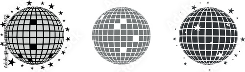 Retro disco ball vector collection with sparkling star accents, mirrored sphere designs, nightlife party symbols, and glamorous celebration illustration set