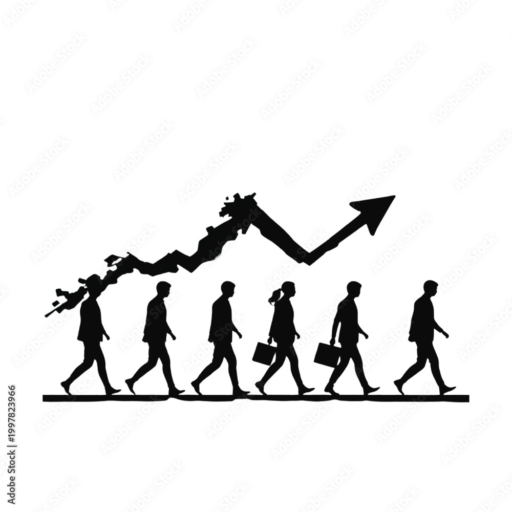 Obraz premium Businessmen walking in a line follow a rising graph arrow to demonstrate financial growth, career progression, economic success, and the upward trajectory of a professional company team.
