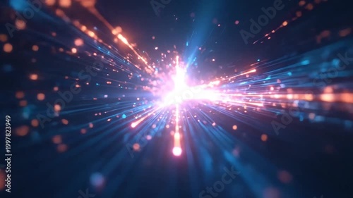 Dynamic abstract digital light trails with blue and orange energy streams