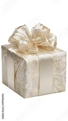 Elegant White and Gold Gift Box with Large Ribbon Bow for Wedding and Anniversary Celebration
