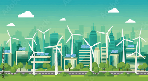 A futuristic green cityscape with wind turbines and solar panels