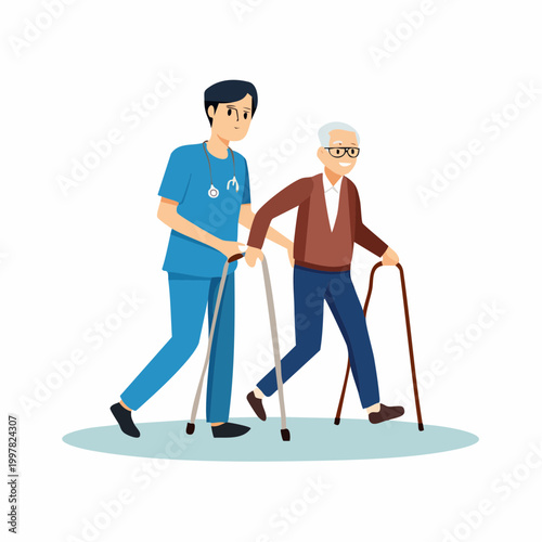 高齢者の歩行訓練をサポートする介護士のフラットイラスト