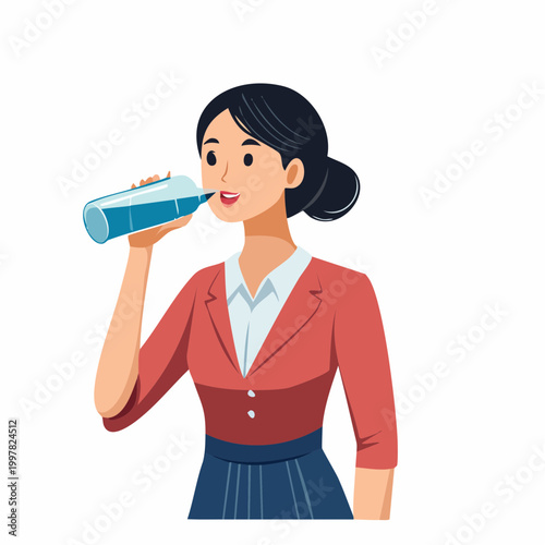 水分補給のためにペットボトルの水を飲む女性のフラットイラスト
