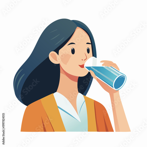 水分補給のためにペットボトルの水を飲む女性のフラットイラスト