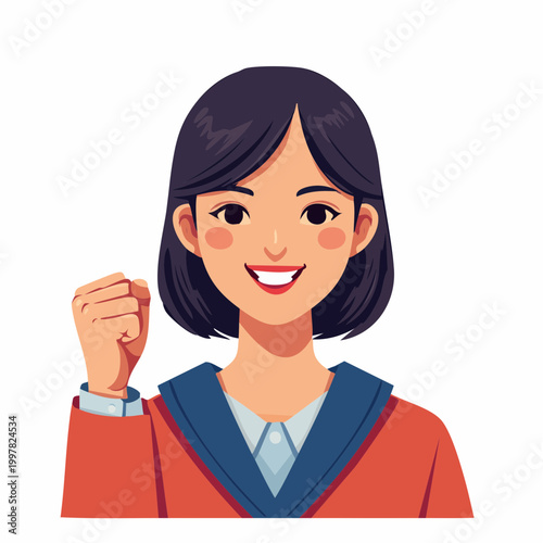 目標を達成してガッツポーズをする女性のフラットイラスト