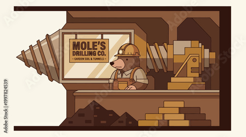Cartoon Mole in Hard Hat Operating Drilling Machine for Moles Drilling Co.
