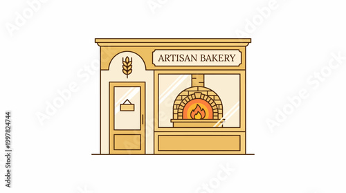 Artisan Bakery storefront with a traditional wood-fired oven visible inside.
