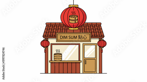 Charming Dim Sum Restaurant Exterior with Red Lanterns and Traditional Architecture.