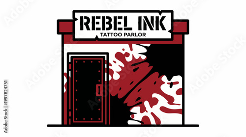 Rebel Ink Tattoo Parlor Storefront with Red Splatter Design.